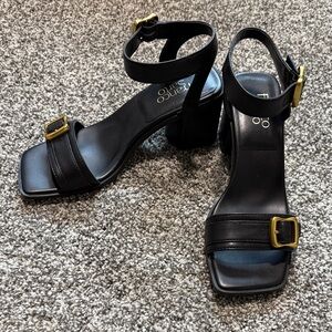 Franco Sarto Black Block Heel Ankle-Strap Sandals with Gold Buckles size 8